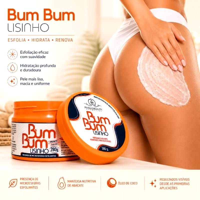 Mulher usando o esfoliante Bum Bum Lisinho e o produto